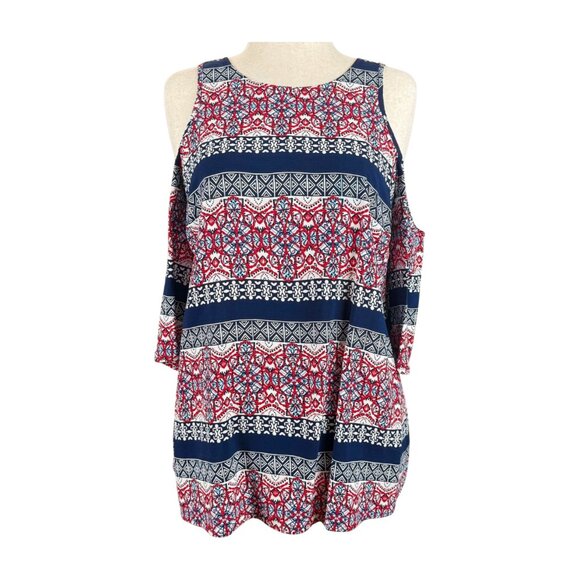 JESSICA SIMPSON COLD SHOULDER NAVY BLUE AND RED MATERNITY TOP, SIZE M - Picture 1 of 4